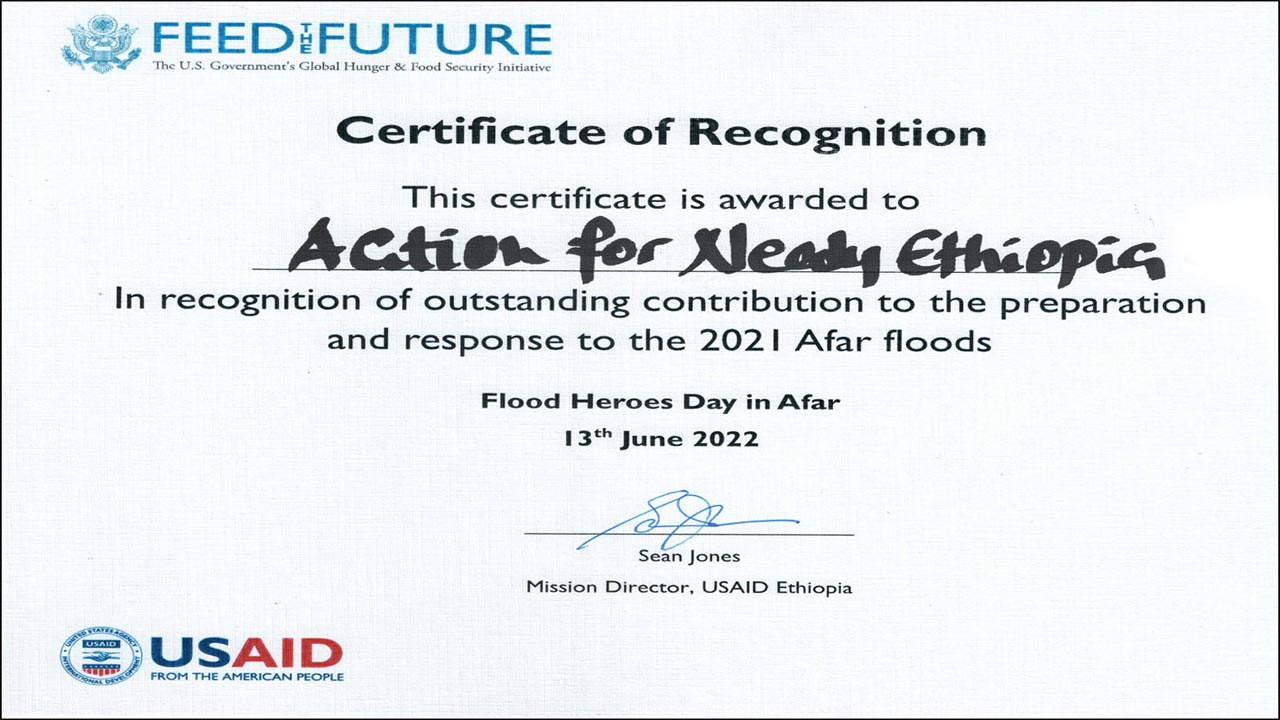 ANE received a Certificate of Recognition from USAID during the Flood Heroes Day in Afar